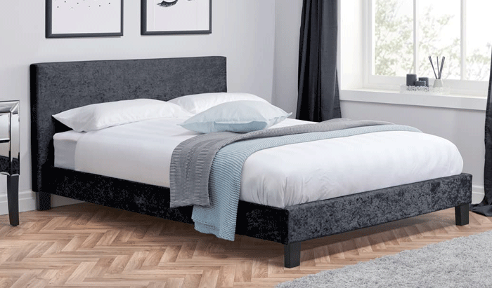 Small Double Fabric Bedstead In Black Crushed Velvet